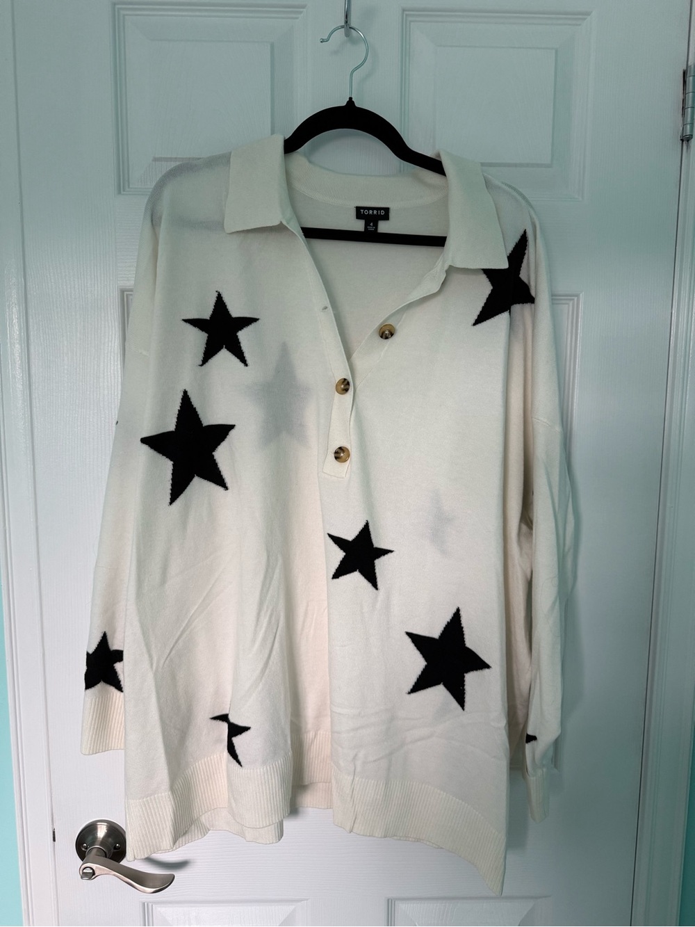 torrid Cream Polo Sweater with Black Star Print